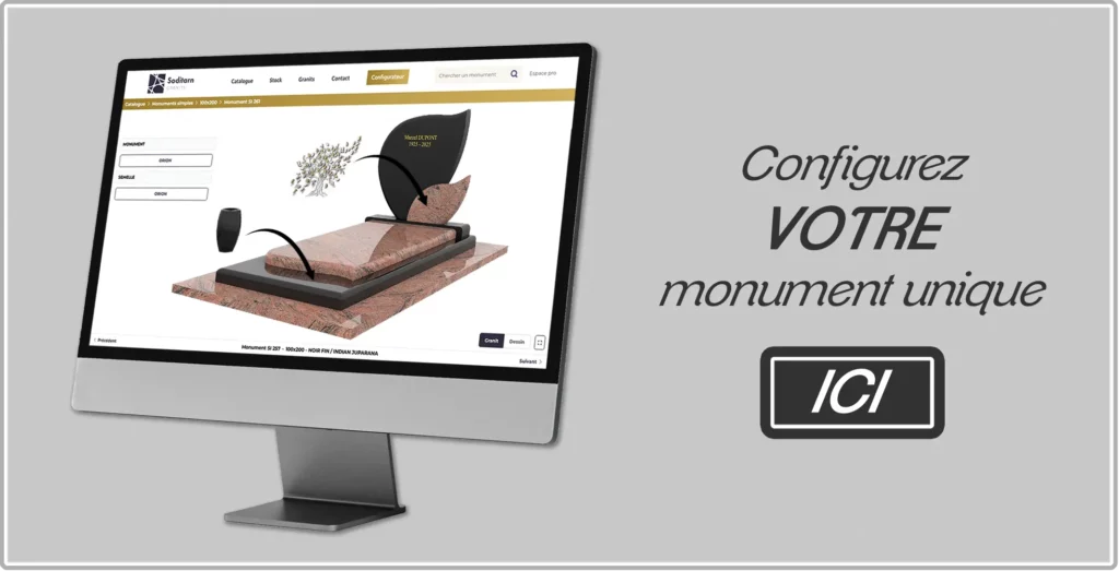 Configurateur de monument funéraire unique en ligne sur écran d'ordinateur Soditarn.